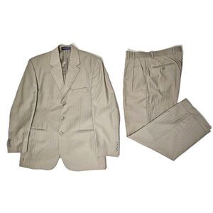 Louis Feraud Mens Suit Cream Stripped 3 Button Jacket 38 Pants 34 Pleated Front